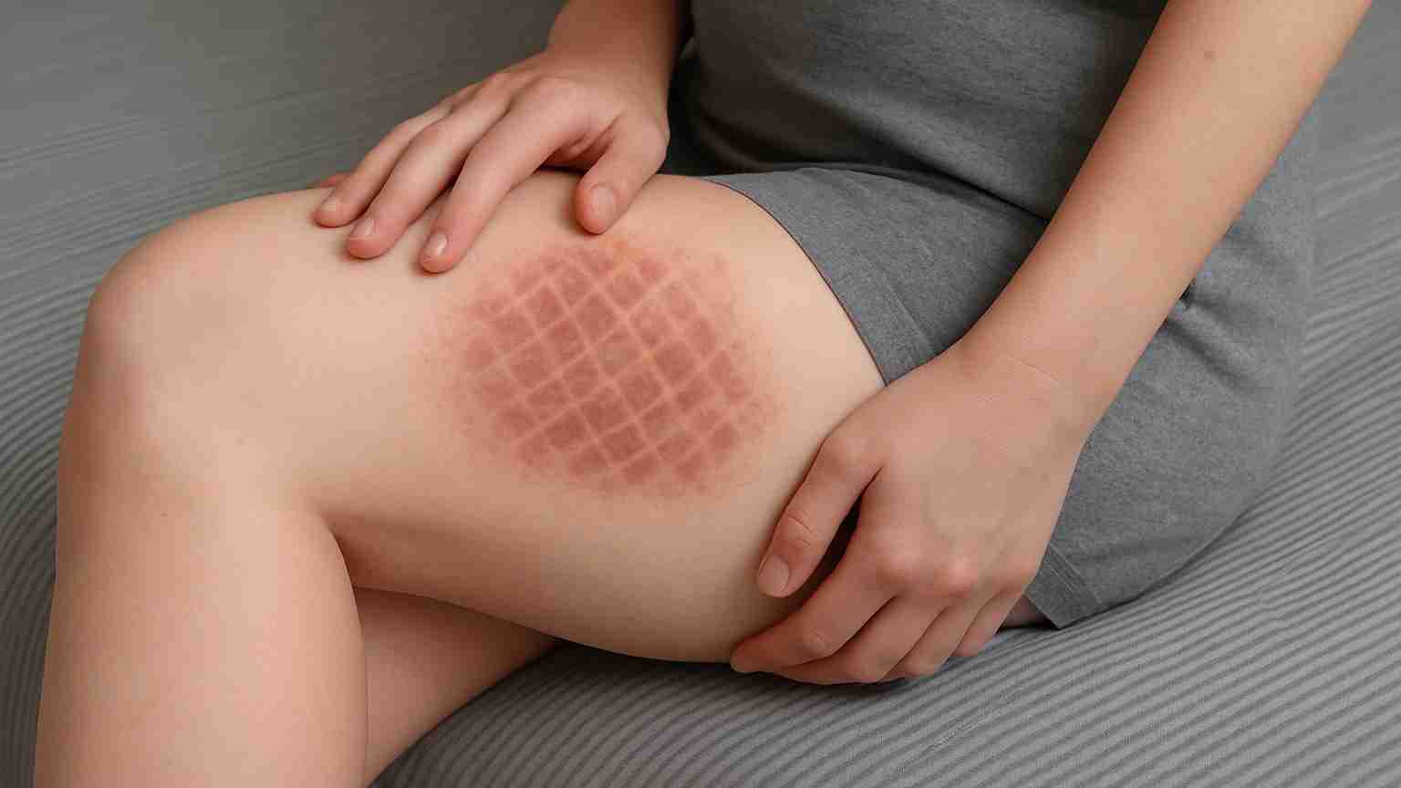A black-and-white sketch-style image shows a person sitting with a noticeable reddish, net-like rash on their upper thigh, illustrating Toasted Skin Syndrome. The individual is gently touching the area, and the background features linear textures for contrast.