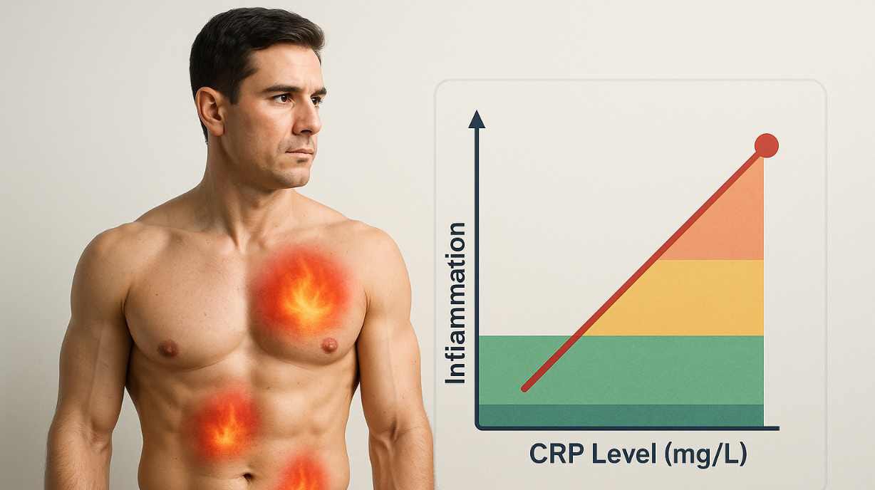 A clean medical infographic-style image showing a human body with internal inflammation highlighted, with a chart or marker showing high CRP levels in blood, modern design, white and blue color scheme